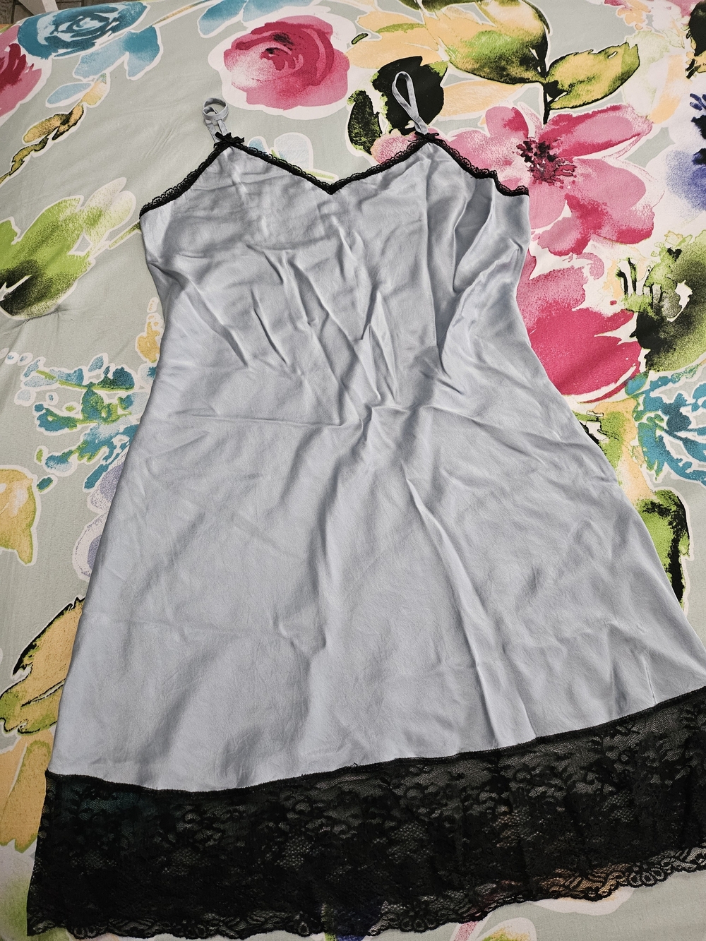 Claire's Light Blue Slip with Black Lace Trim Vintage 100% Silk